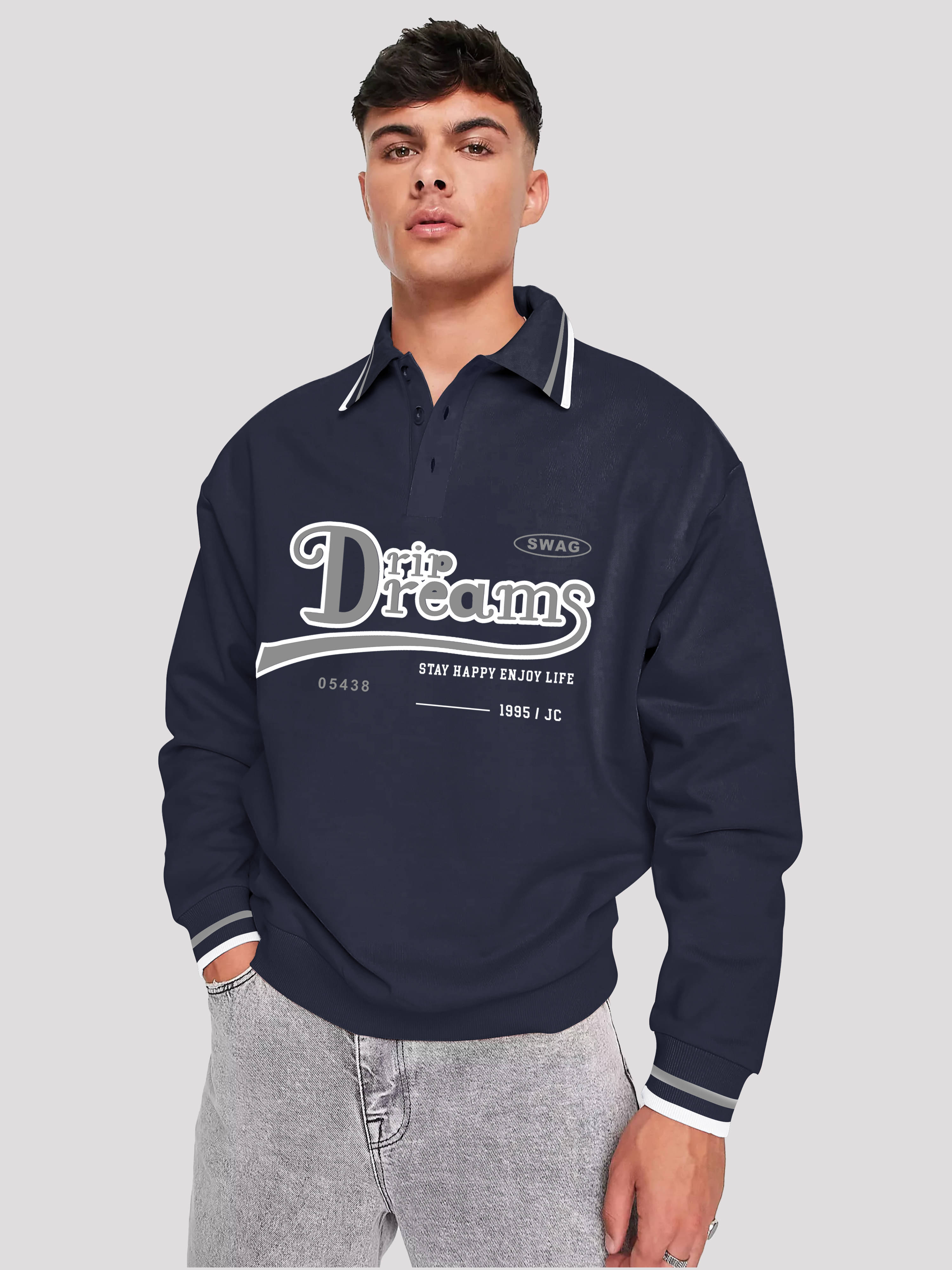     			JUMP CUTS Men Cotton Blend Oversized Fit Printed Polo T Shirt ( Navy Blue )