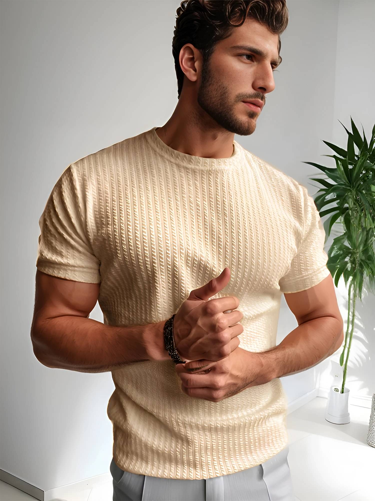     			JUMP CUTS Men Cotton Blend Regular Fit Self Design T-Shirt ( Beige )