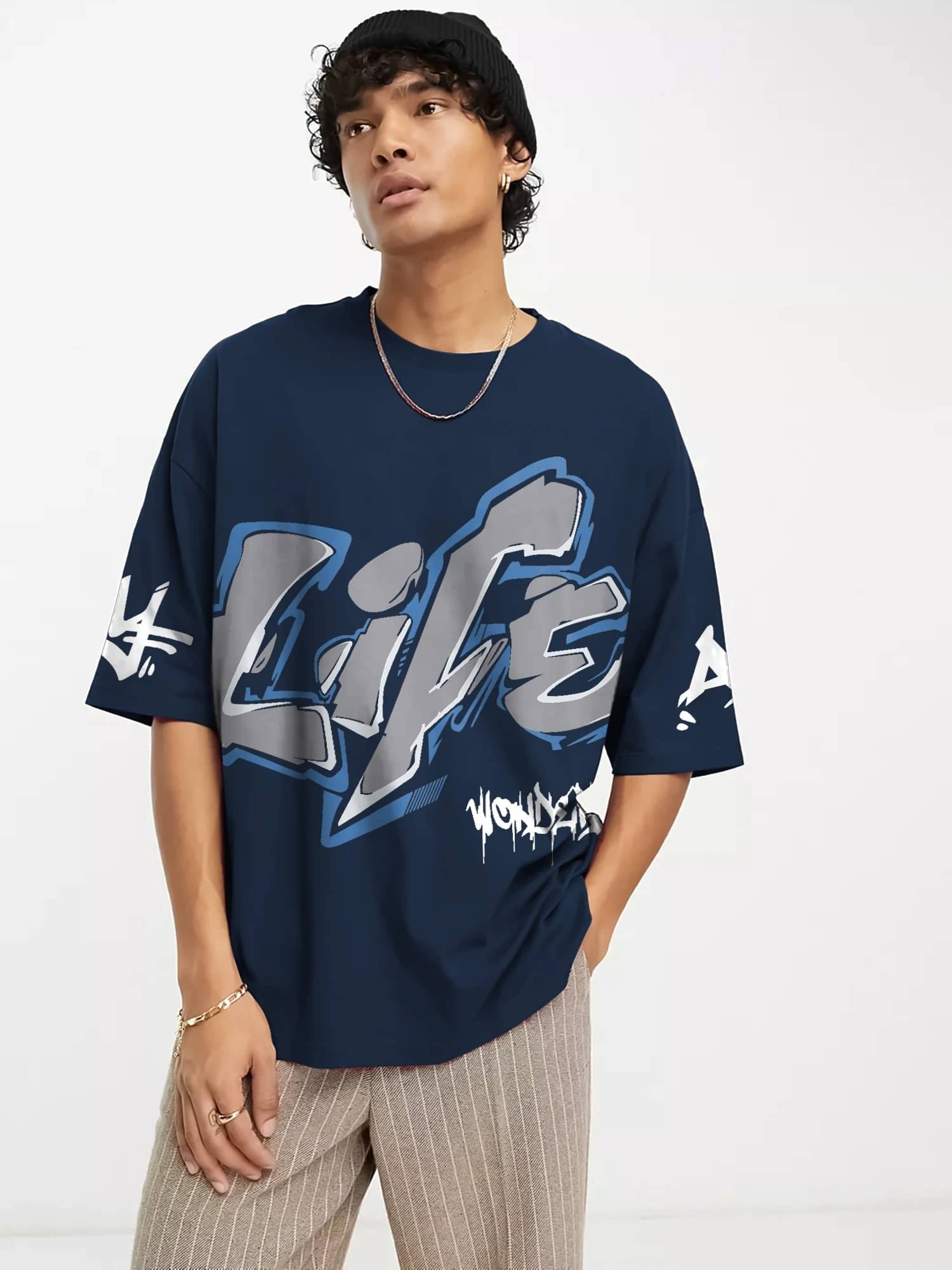 JUMP CUTS Men Cotton Blend Oversized Fit Printed T-Shirt ( Navy Blue ) JUMP CUTS Men Cotton Blend Oversized Fit Printed T-Shirt ( Navy Blue )