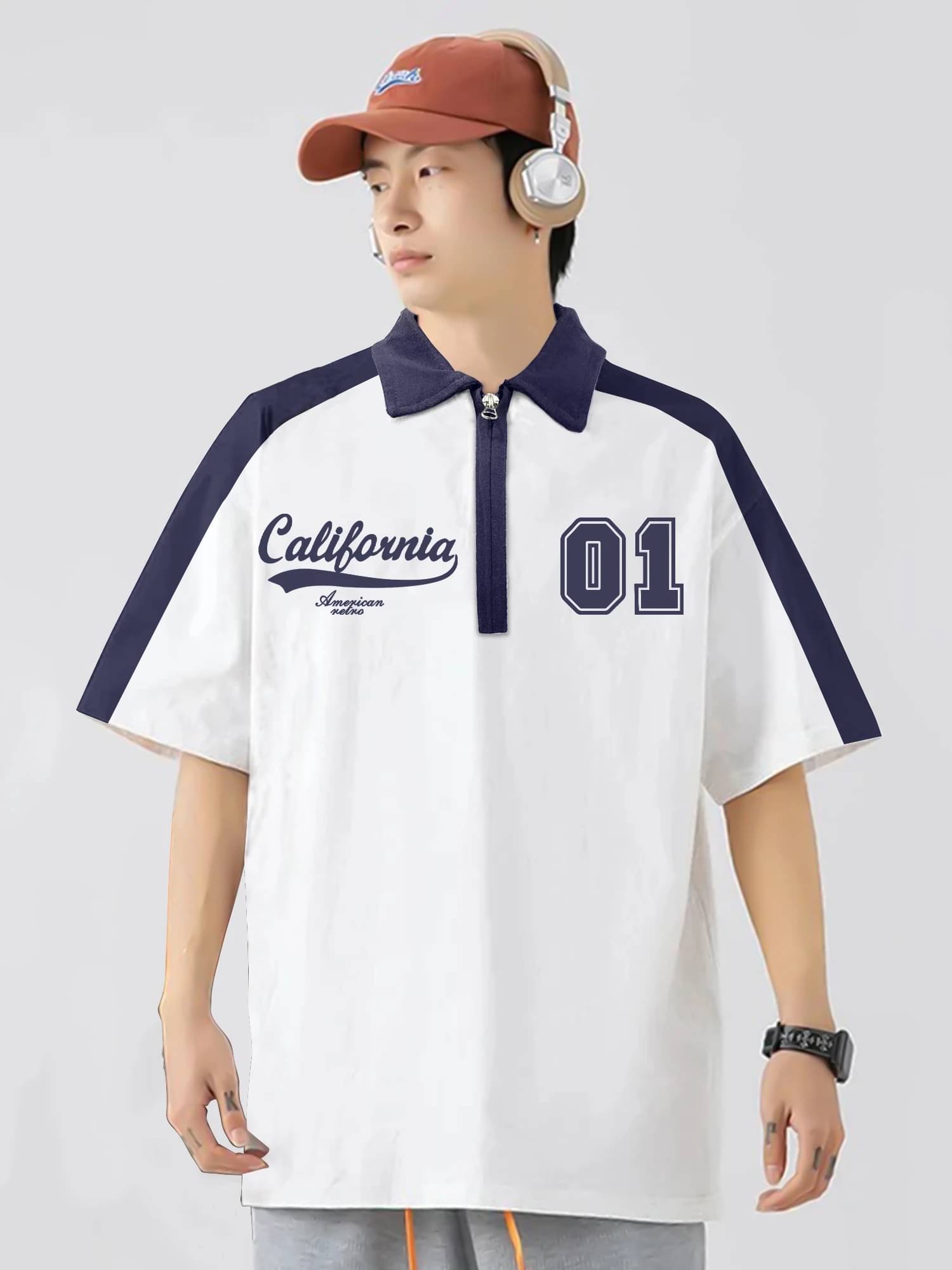     			JUMP CUTS Men Cotton Blend Oversized Fit Printed Polo T Shirt ( White )