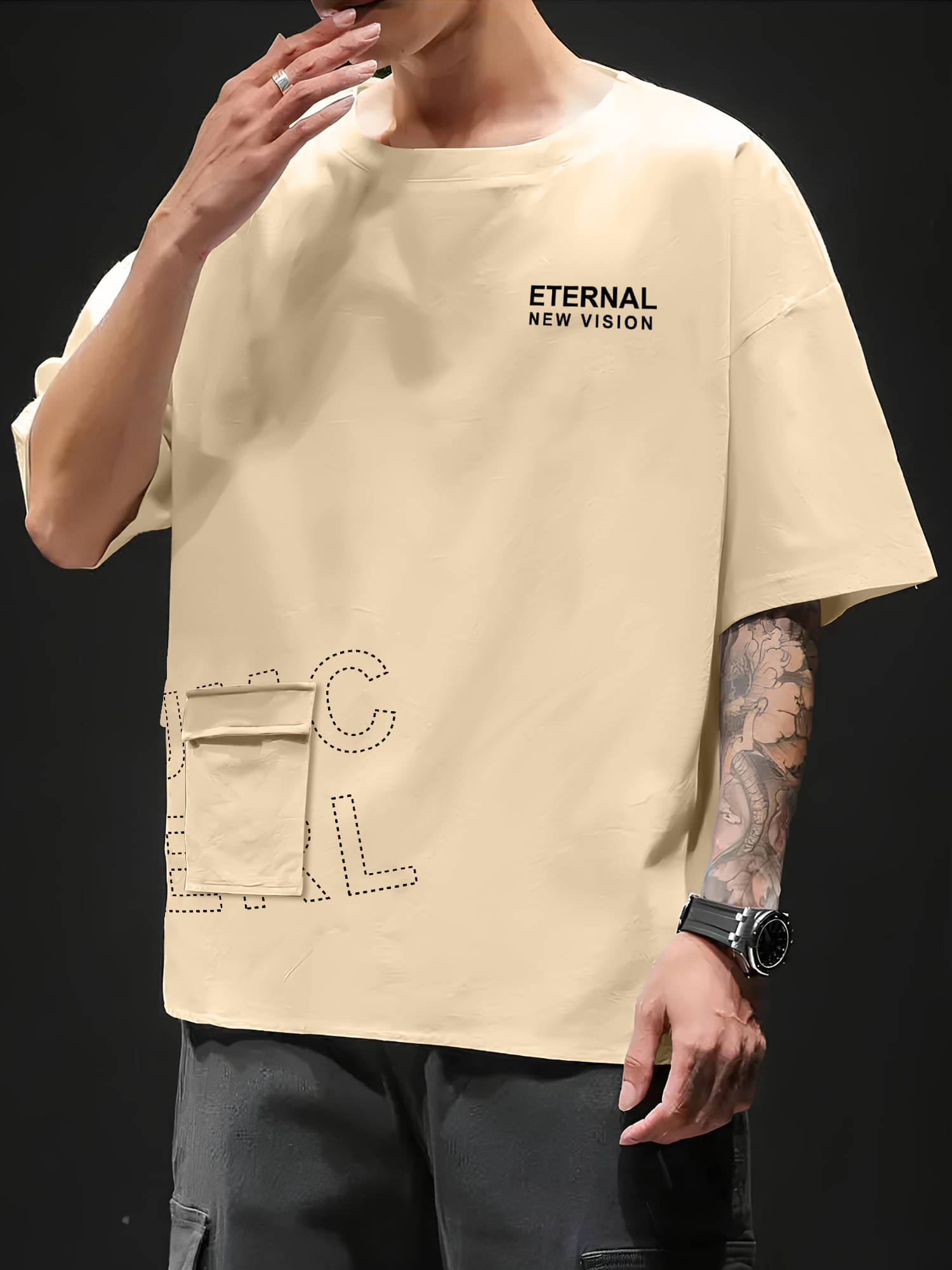 JUMP CUTS Men Cotton Blend Oversized Fit Printed T-Shirt ( Beige ) JUMP CUTS Men Cotton Blend Oversized Fit Printed T-Shirt ( Beige )