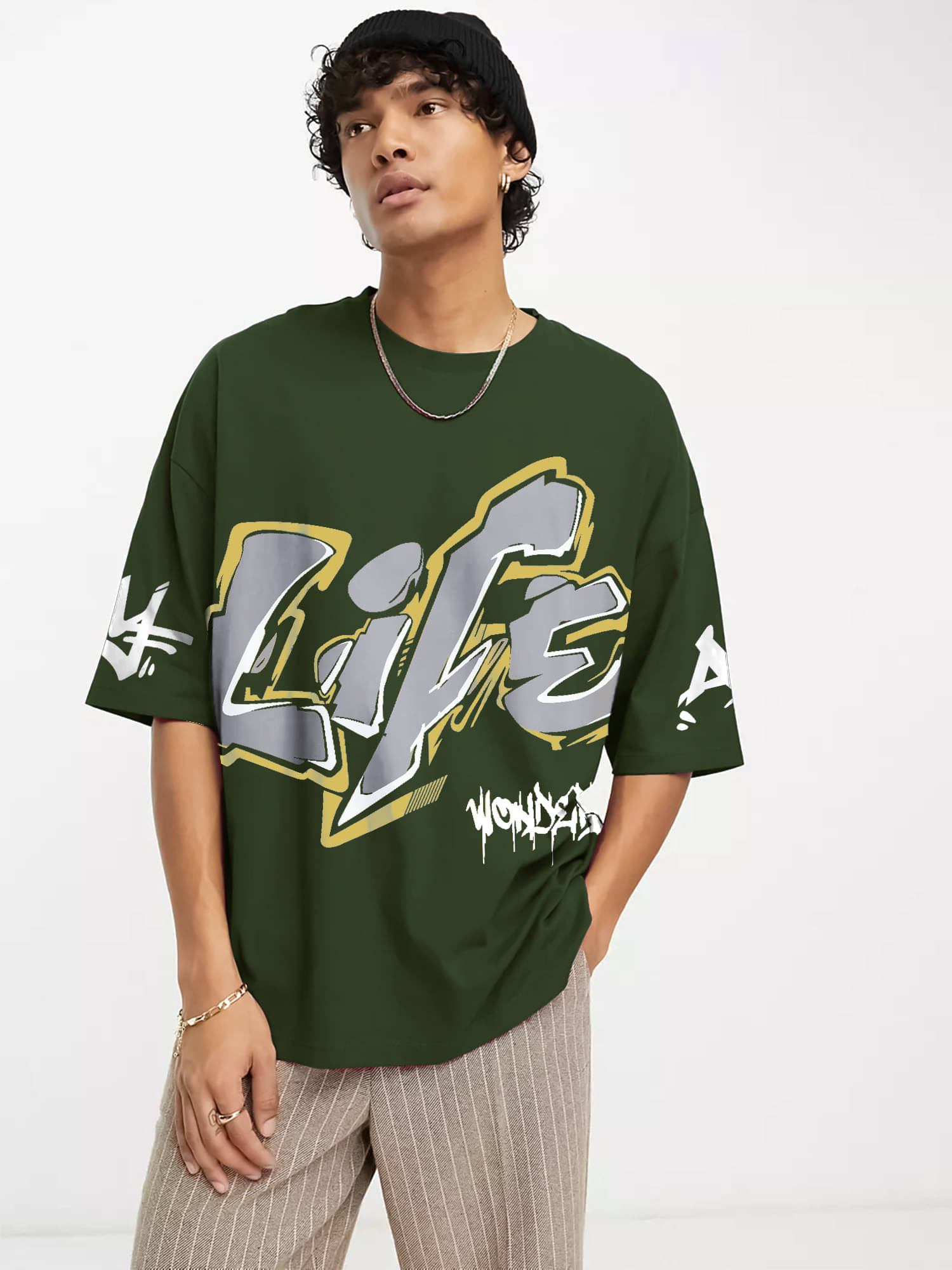     			JUMP CUTS Men Cotton Blend Oversized Fit Printed T-Shirt ( Green )