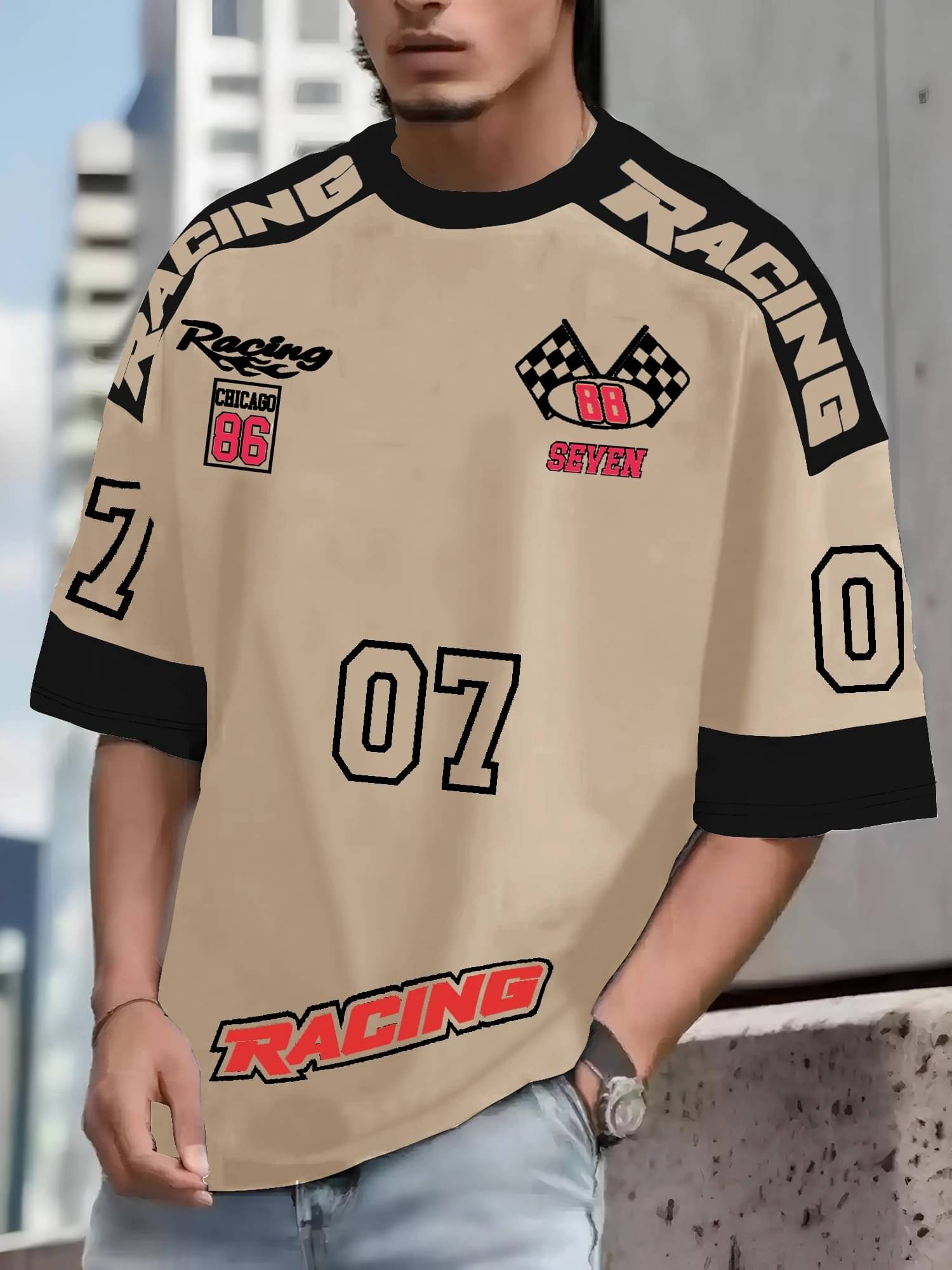 JUMP CUTS Men Cotton Blend Oversized Fit Printed T-Shirt ( Beige ) JUMP CUTS Men Cotton Blend Oversized Fit Printed T-Shirt ( Beige )