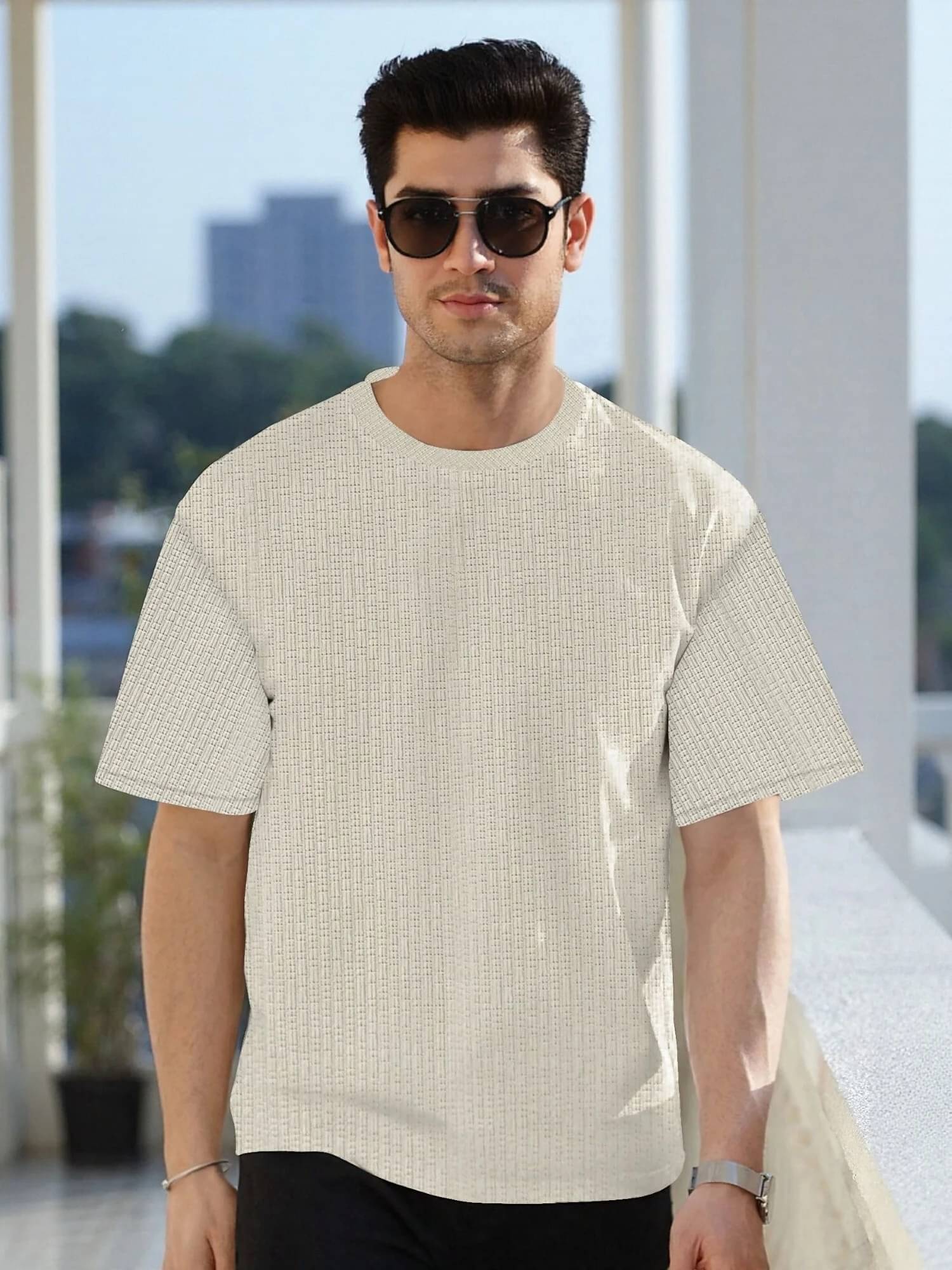 JUMP CUTS Men Polyester Regular Fit Self Design T-Shirt ( Beige ) JUMP CUTS Men Polyester Regular Fit Self Design T-Shirt ( Beige )