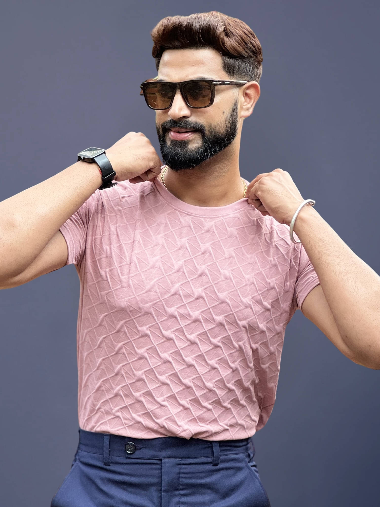 JUMP CUTS Men Polyester Slim Fit Self Design T-Shirt ( Pink ) JUMP CUTS Men Polyester Slim Fit Self Design T-Shirt ( Pink )