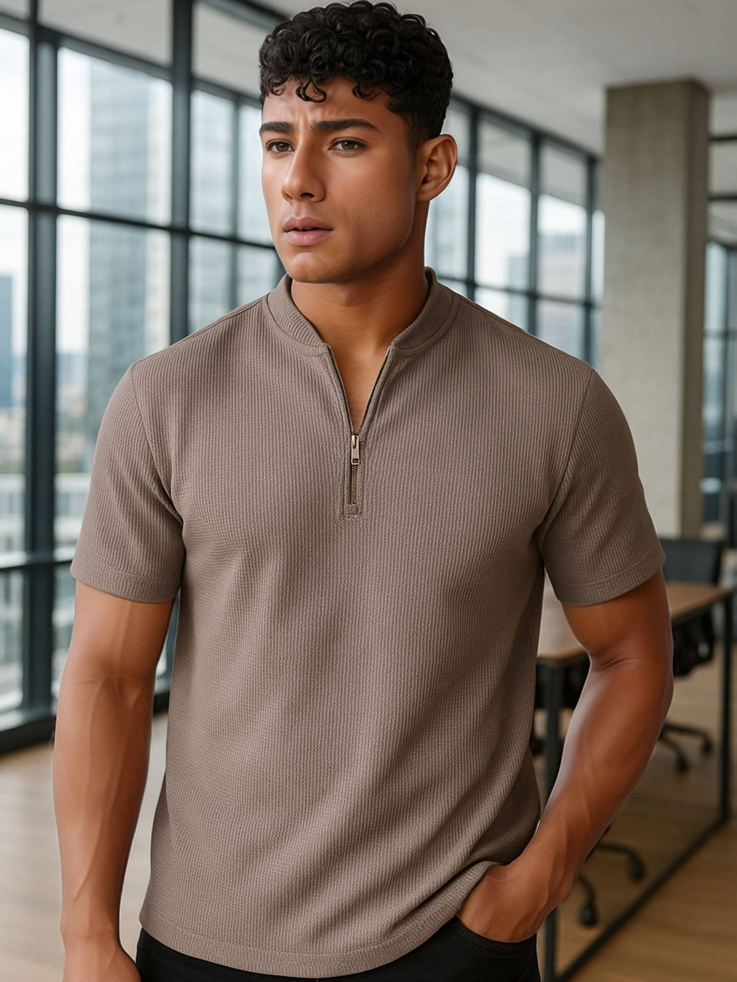     			JUMP CUTS Men Polyester Slim Fit Self Design T-Shirt ( Brown )