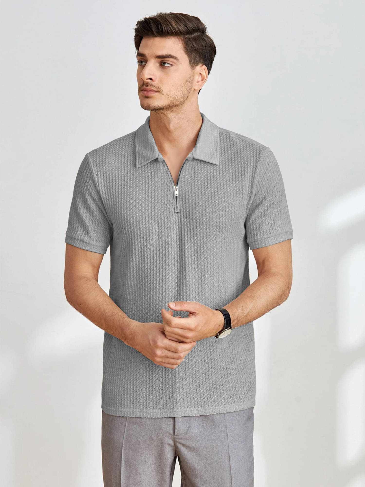     			JUMP CUTS Men Polyester Slim Fit Self Design Polo T Shirt ( Grey )