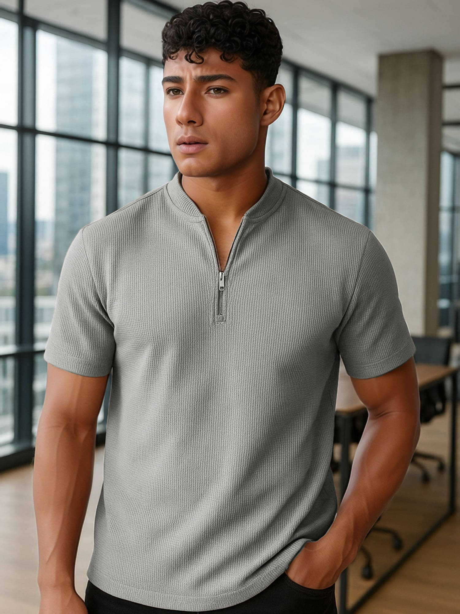     			JUMP CUTS Men Polyester Slim Fit Solid T-Shirt ( Grey )