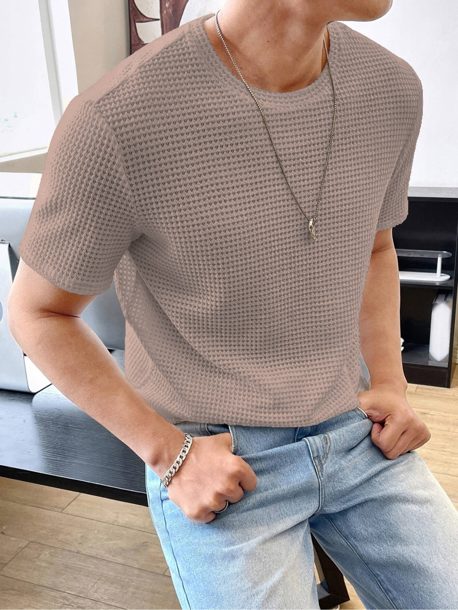 JUMP CUTS Men Polyester Slim Fit Self Design T-Shirt ( Brown ) JUMP CUTS Men Polyester Slim Fit Self Design T-Shirt ( Brown )