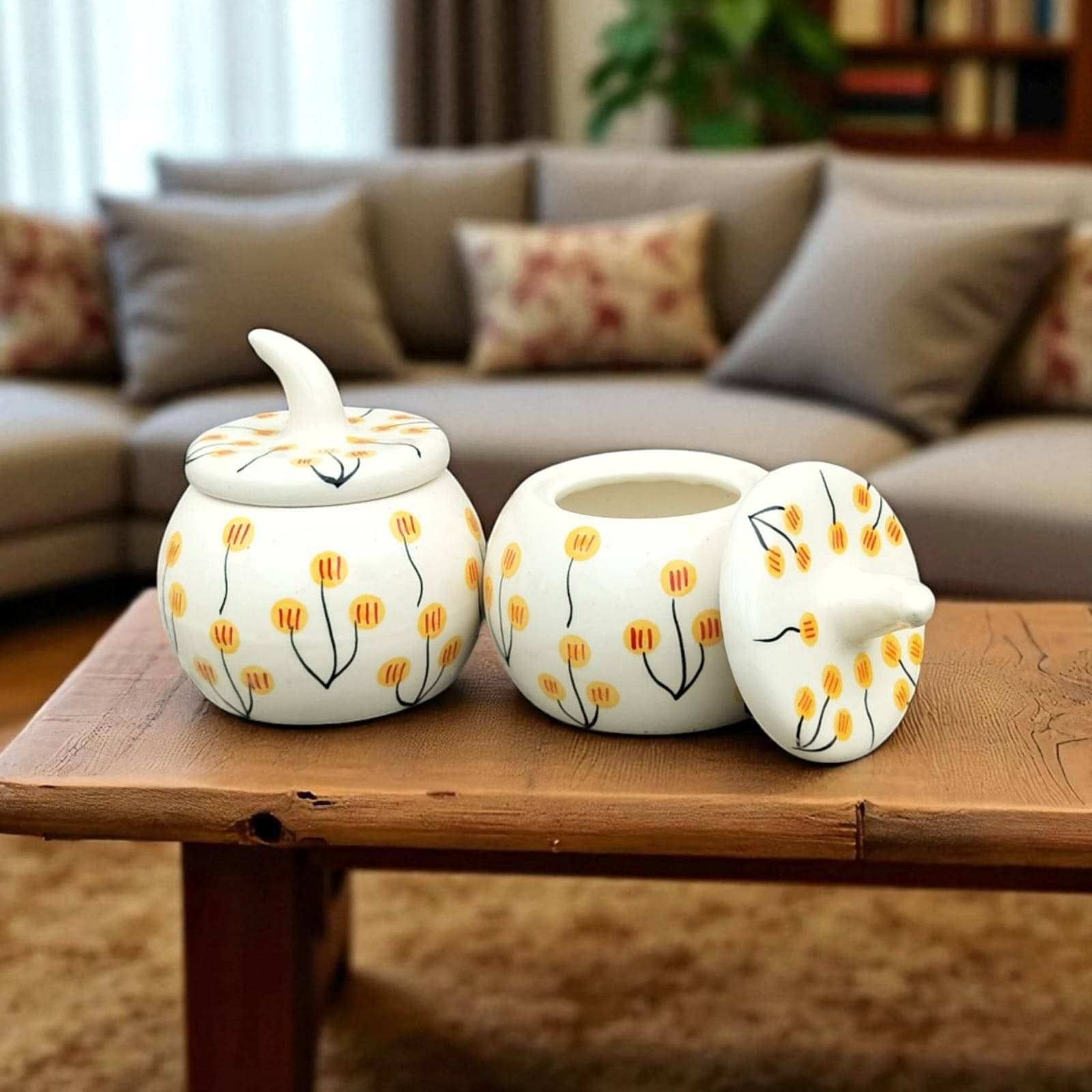 Malaikah Balloon Salt Jar Ceramic Yellow Tea/Coffee/Sugar Container ( Set of 2 )     			Malaikah Balloon Salt Jar Ceramic Yellow Tea/Coffee/Sugar Container ( Set of 2 )