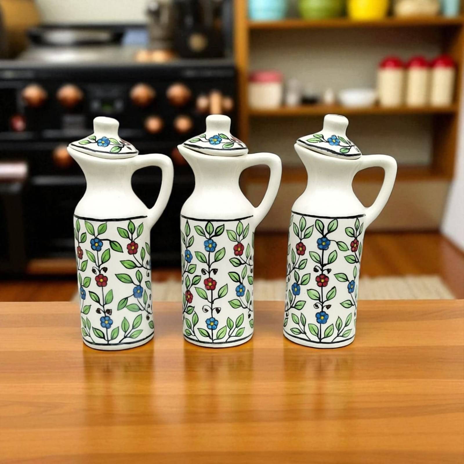 Malaikah Multi Oil Dispenser Ceramic Multicolor Oil Container ( Set of 3 ) Malaikah Multi Oil Dispenser Ceramic Multicolor Oil Container ( Set of 3 )