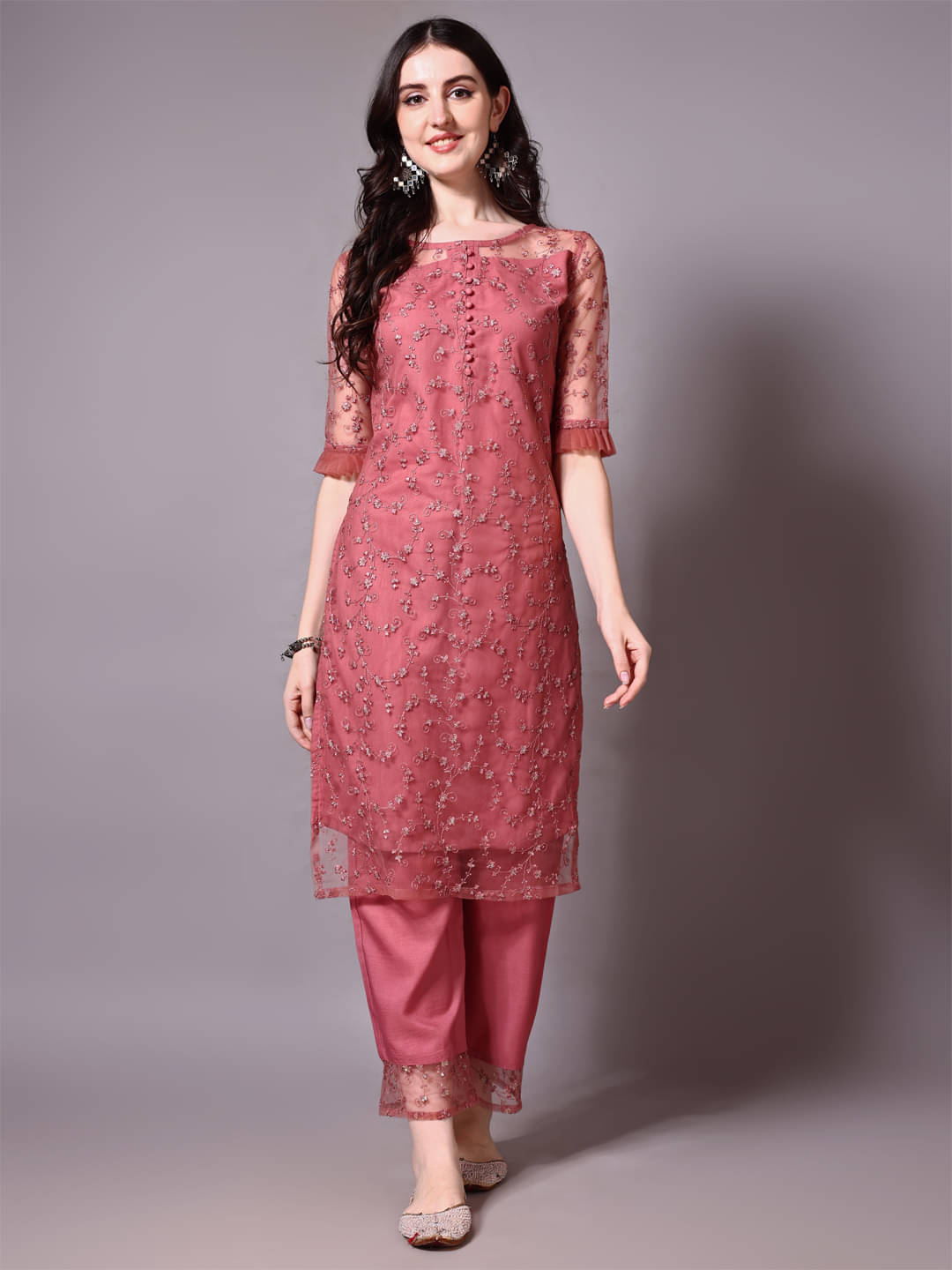     			Neev's Dizain Studio Women Cotton Embroidered A-line Kurti With Pants ( Pink )