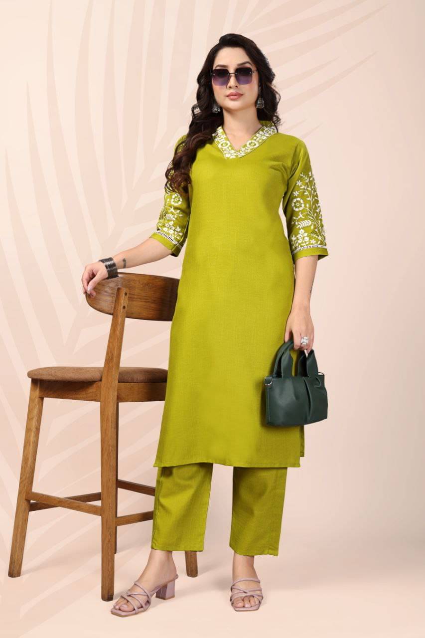 Neev's Dizain Studio Women Cotton Embroidered A-line Kurti With Pants ( Green )     			Neev's Dizain Studio Women Cotton Embroidered A-line Kurti With Pants ( Green )