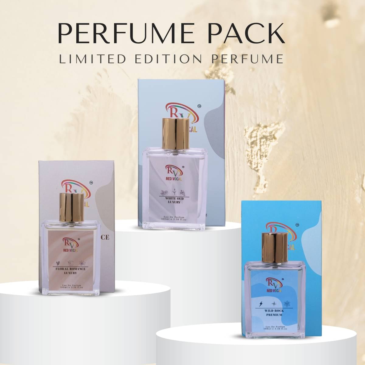 Red Vocal Floral Romance, White Oud With Wild Rock Premium Eau De Parfum Perfume Spray,For Unisex,100Ml Each (Pack Of 3)     			Red Vocal Floral Romance, White Oud With Wild Rock Premium Eau De Parfum Perfume Spray,For Unisex,100Ml Each (Pack Of 3)