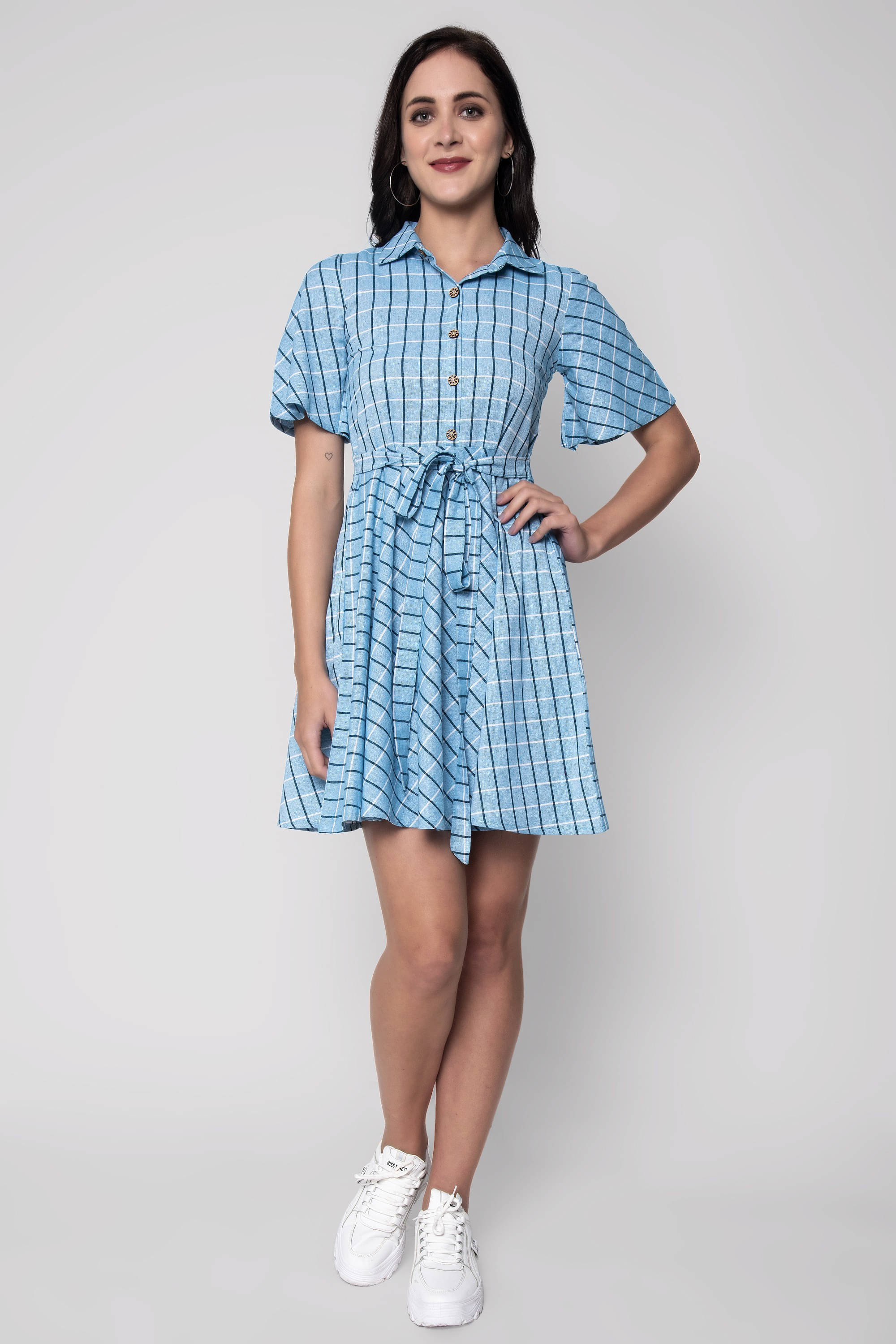     			SEVEN FLOWER Women Cotton Printed Fit & Flare Dress ( Light Blue )