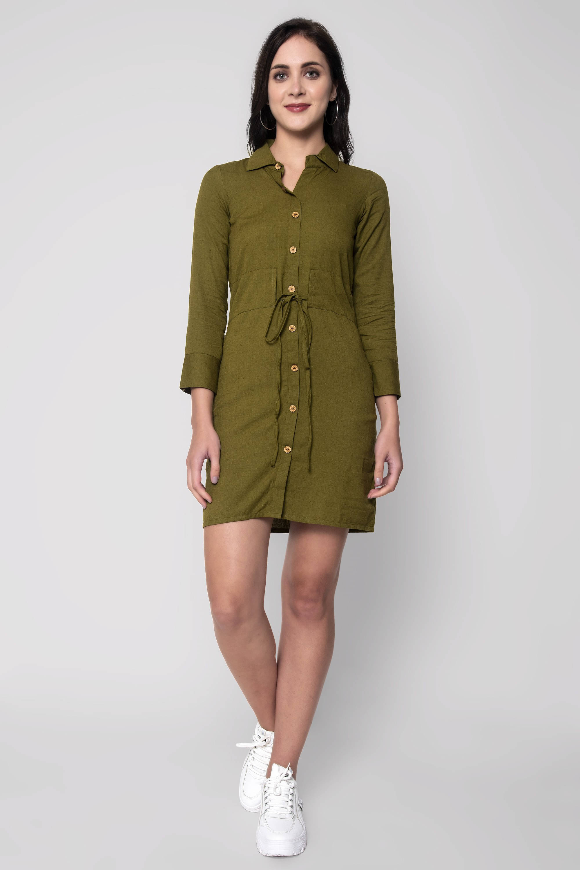     			SEVEN FLOWER Women Cotton Solid Fit & Flare Dress ( Green )