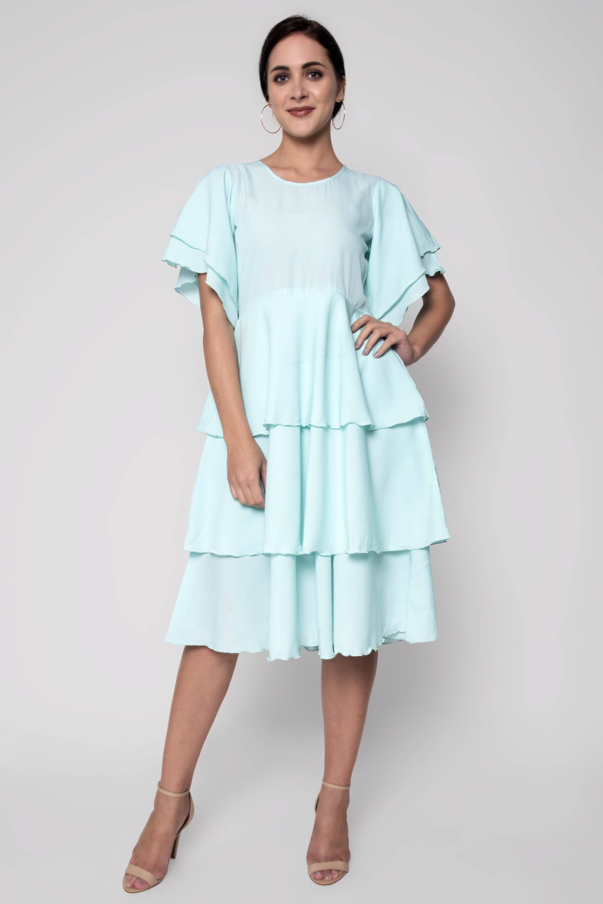 SEVEN FLOWER Women Crepe Solid Fit & Flare Dress ( Green ) SEVEN FLOWER Women Crepe Solid Fit & Flare Dress ( Green )