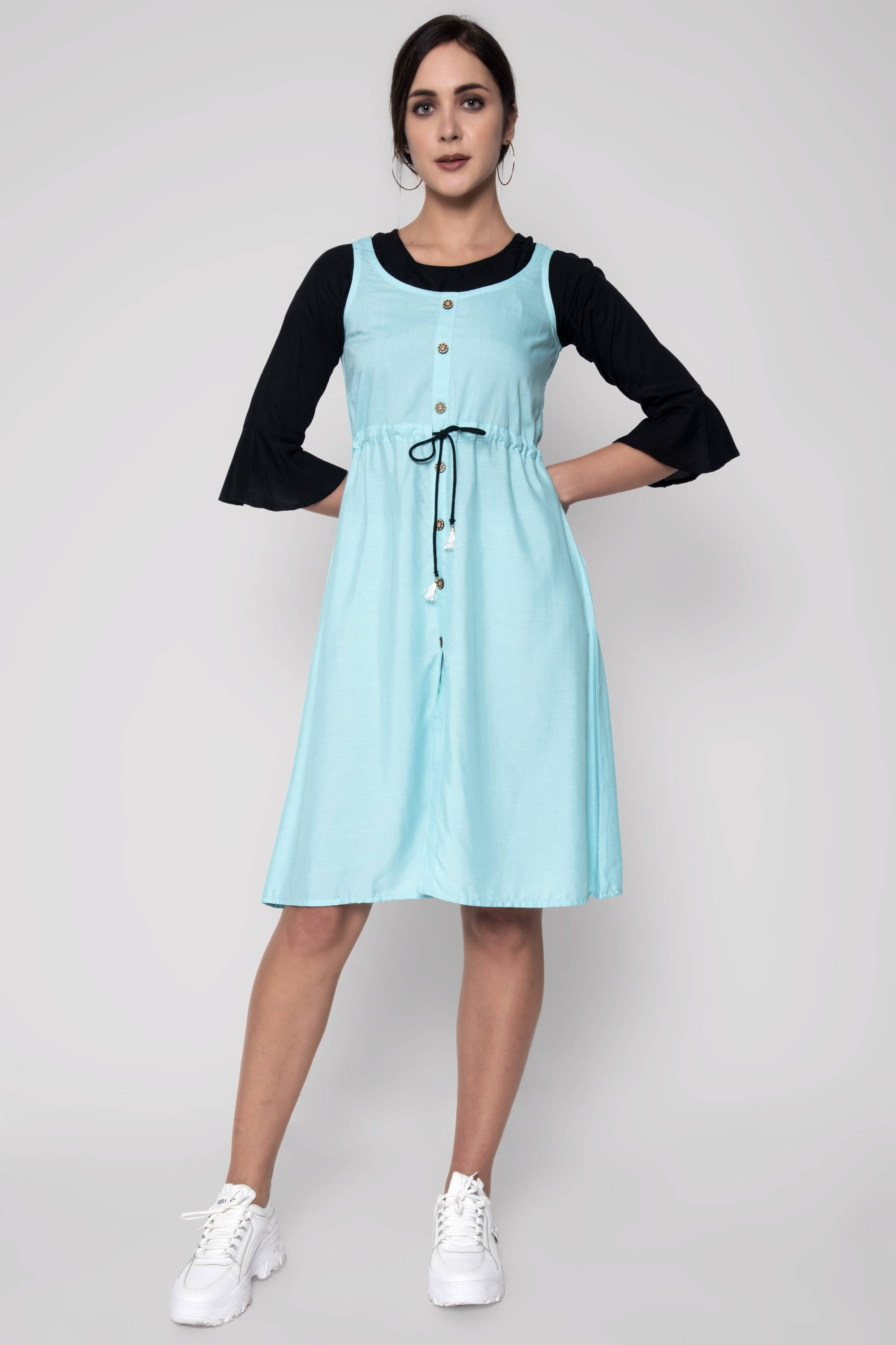 SEVEN FLOWER Women Viscose Rayon Solid Fit & Flare Dress ( Light Blue )     			SEVEN FLOWER Women Viscose Rayon Solid Fit & Flare Dress ( Light Blue )