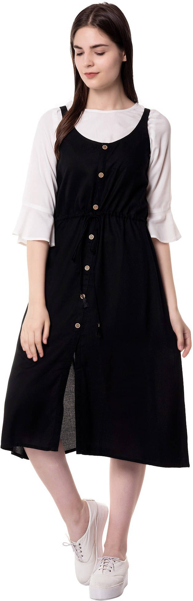     			SEVEN FLOWER Women Viscose Rayon Solid A-line Dress ( Black )