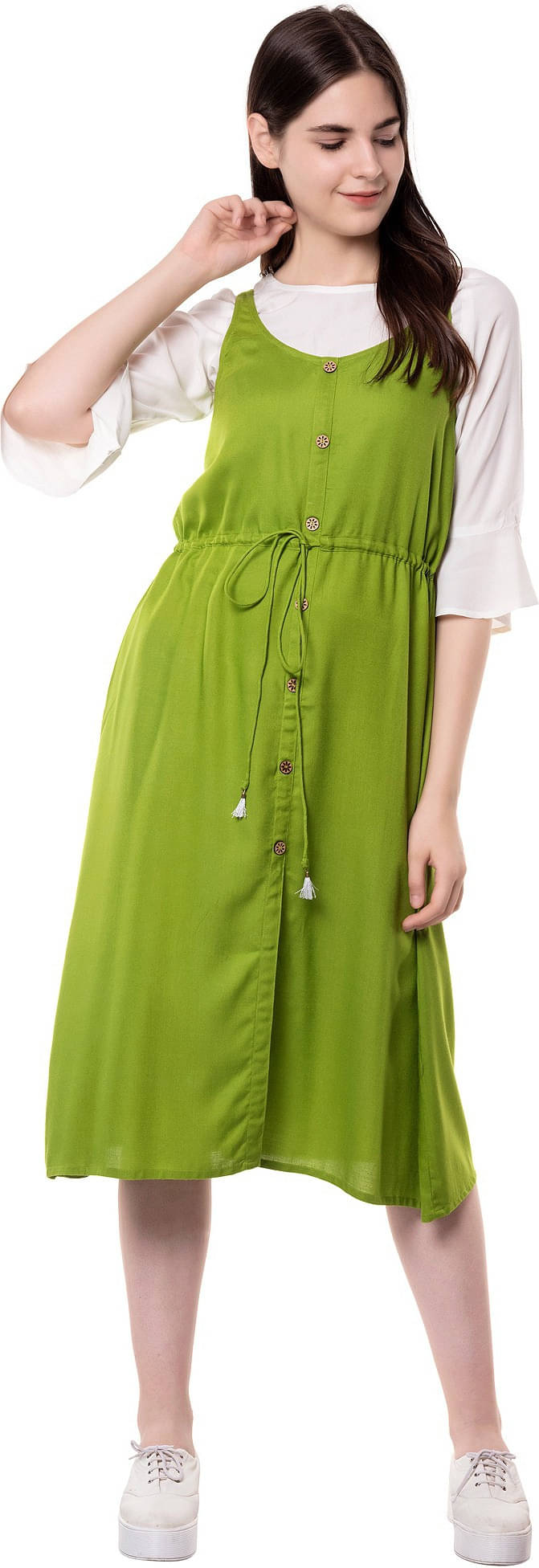     			SEVEN FLOWER Women Viscose Rayon Solid A-line Dress ( Green )