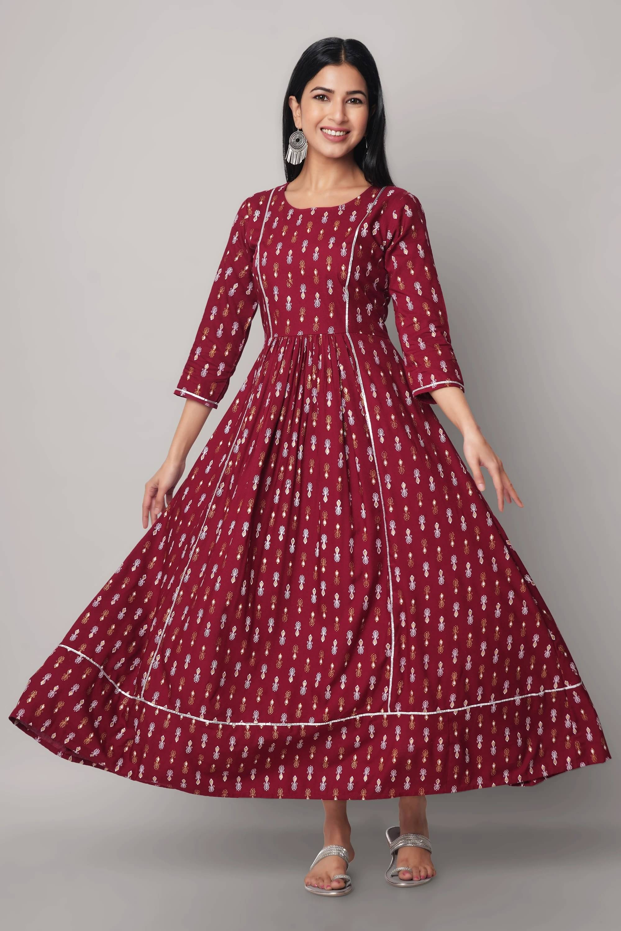     			SEVEN FLOWER Women Viscose Rayon Printed Fit & Flare Dress ( Maroon )