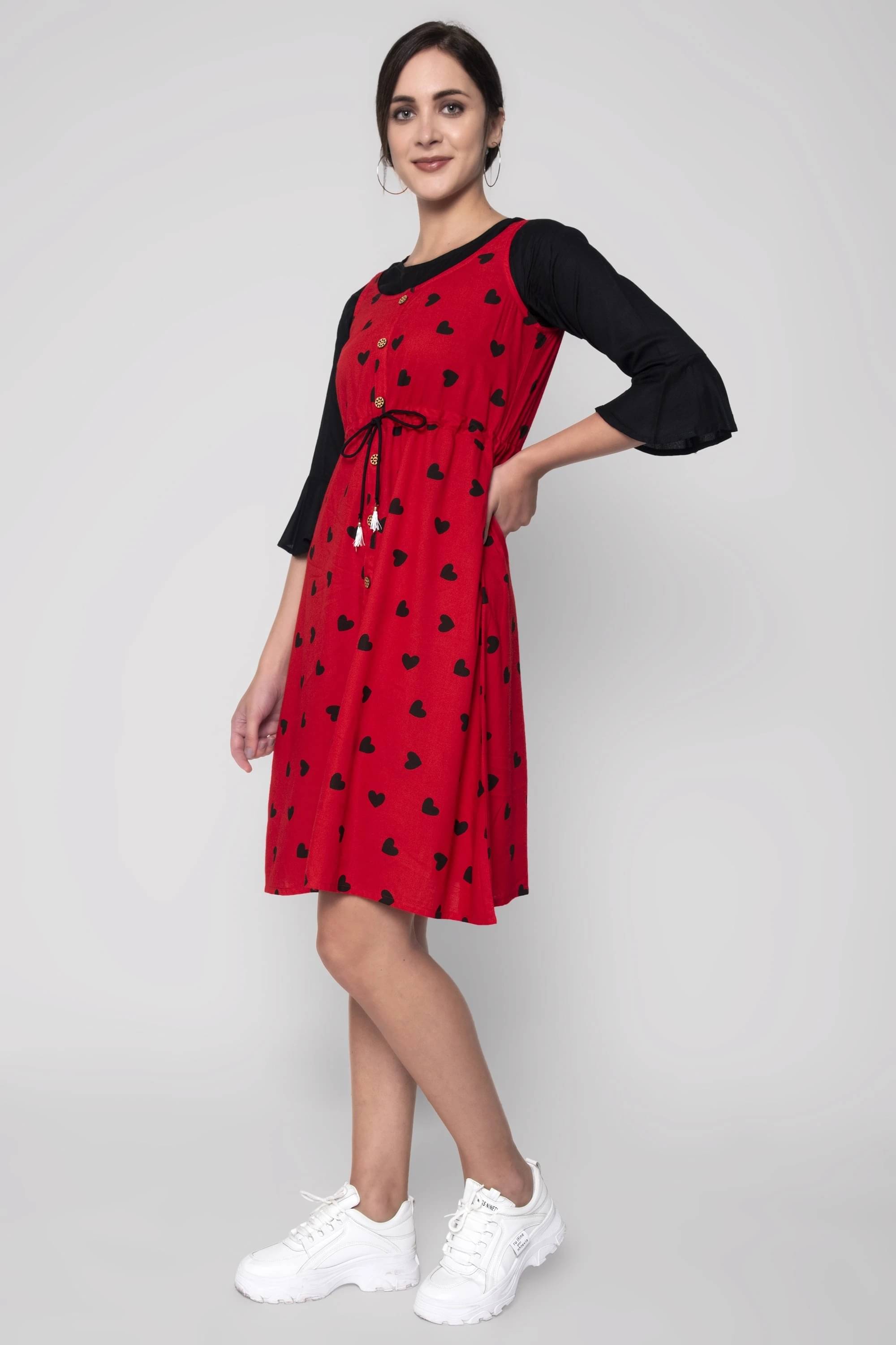     			SEVEN FLOWER Women Viscose Rayon Printed Fit & Flare Dress ( Red )