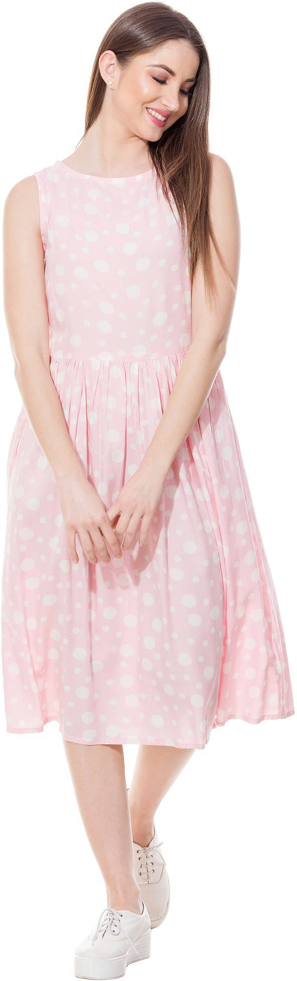 SEVEN FLOWER Women Viscose Rayon Printed A-line Dress ( Pink ) SEVEN FLOWER Women Viscose Rayon Printed A-line Dress ( Pink )