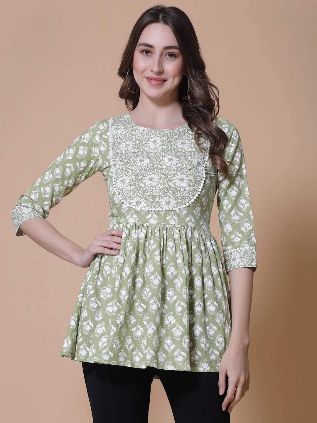     			SEVEN FLOWER Women's Cotton Peplum Top ( Green )