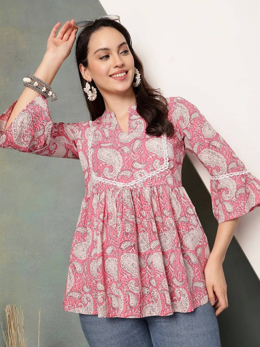     			SEVEN FLOWER Women's Cotton Peplum Top ( Pink )