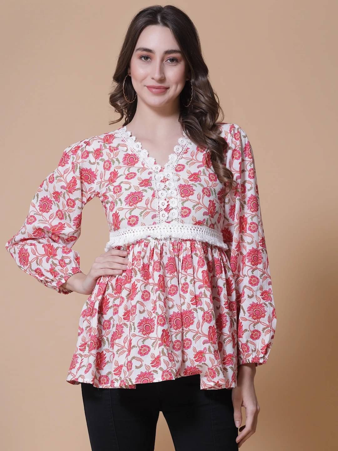     			SEVEN FLOWER Women's Cotton Peplum Top ( Multicolor )