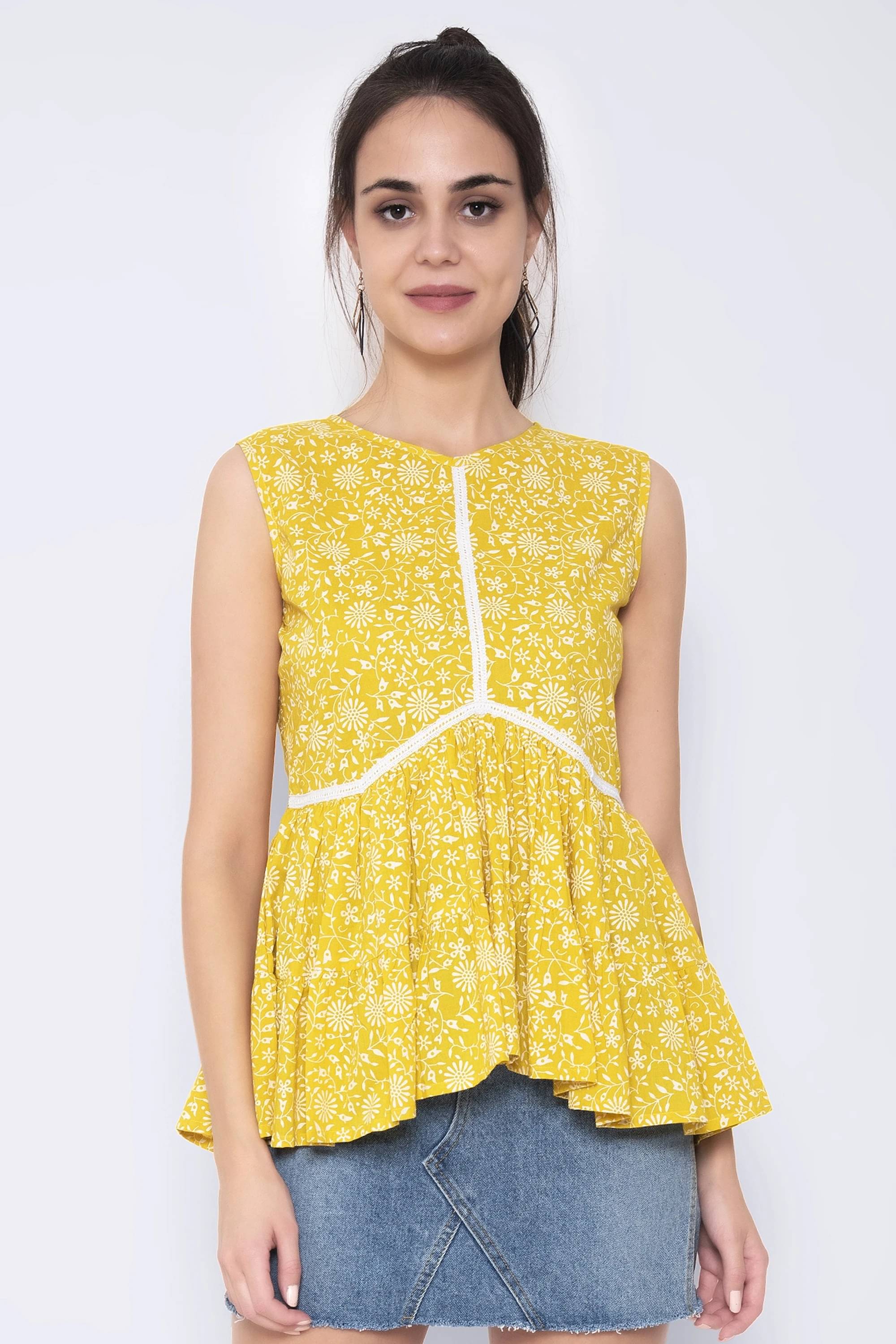    			SEVEN FLOWER Women's Cotton Blend Regular Top ( Yellow )