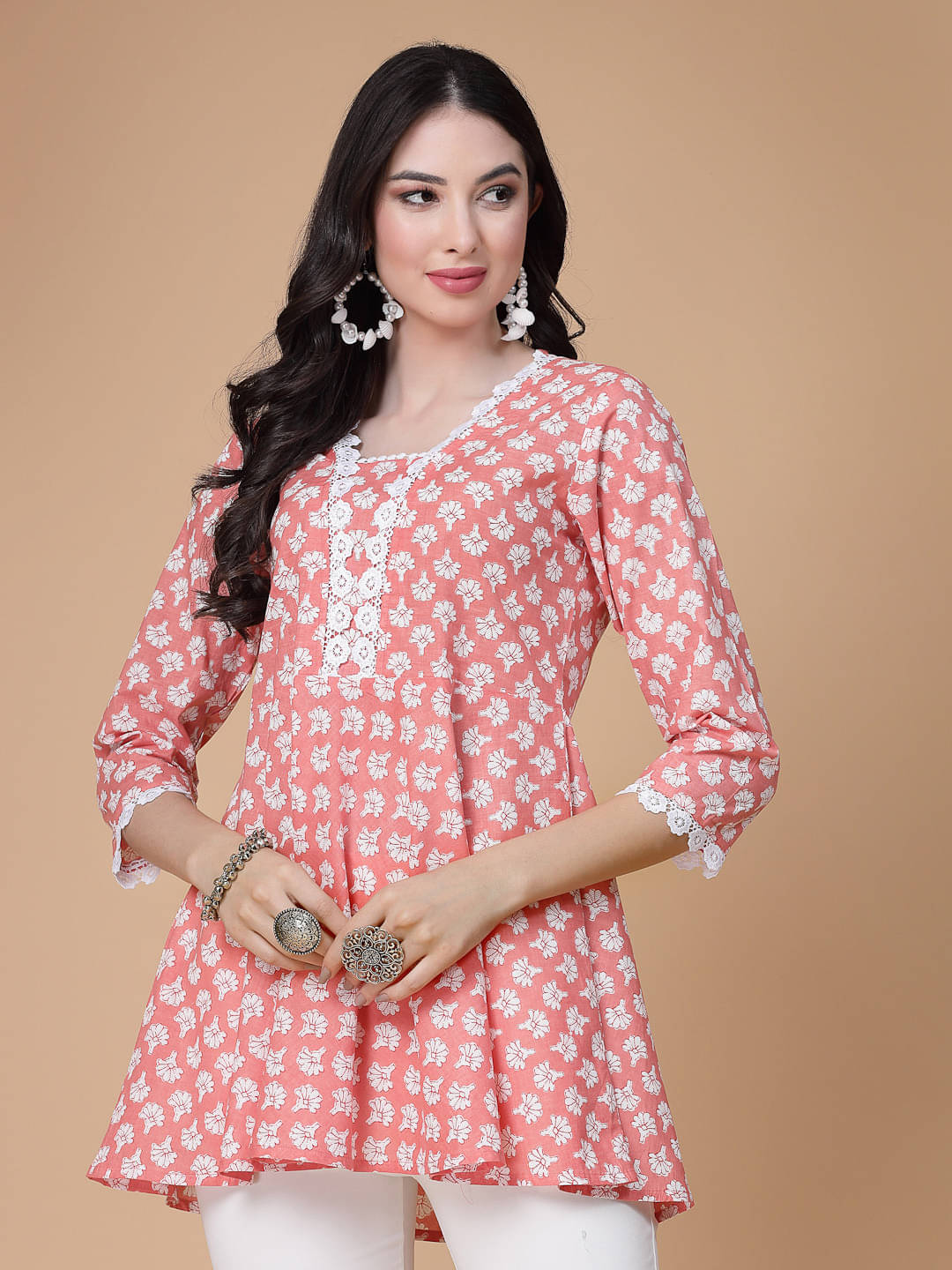     			SEVEN FLOWER Women's Cotton Peplum Top ( Pink )