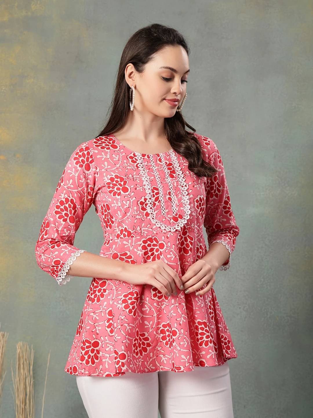 SEVEN FLOWER Women's Cotton Peplum Top ( Pink ) SEVEN FLOWER Women's Cotton Peplum Top ( Pink )