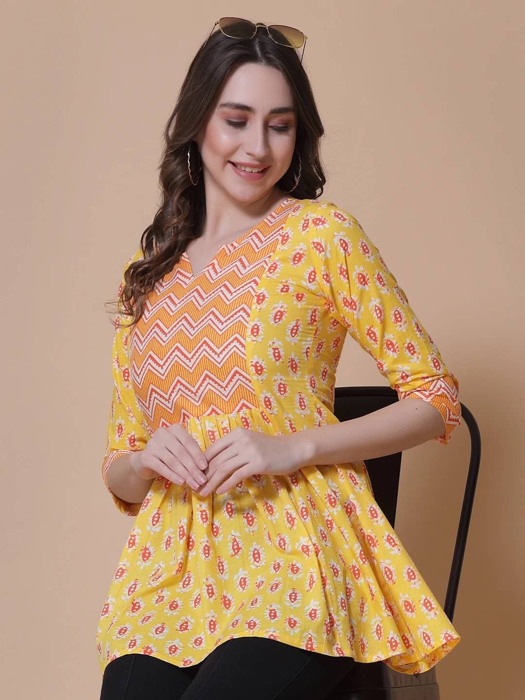     			SEVEN FLOWER Women's Cotton Peplum Top ( Yellow )