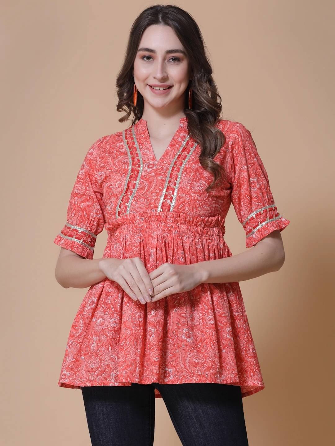 SEVEN FLOWER Women's Cotton Regular Top ( Orange ) SEVEN FLOWER Women's Cotton Regular Top ( Orange )