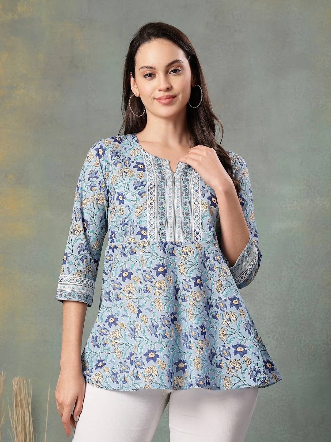 SEVEN FLOWER Women's Cotton Peplum Top ( Light Blue )     			SEVEN FLOWER Women's Cotton Peplum Top ( Light Blue )