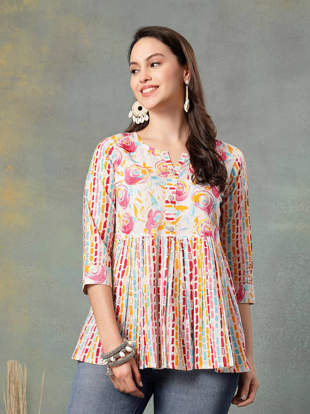 SEVEN FLOWER Women's Cotton Peplum Top ( Pink )     			SEVEN FLOWER Women's Cotton Peplum Top ( Pink )