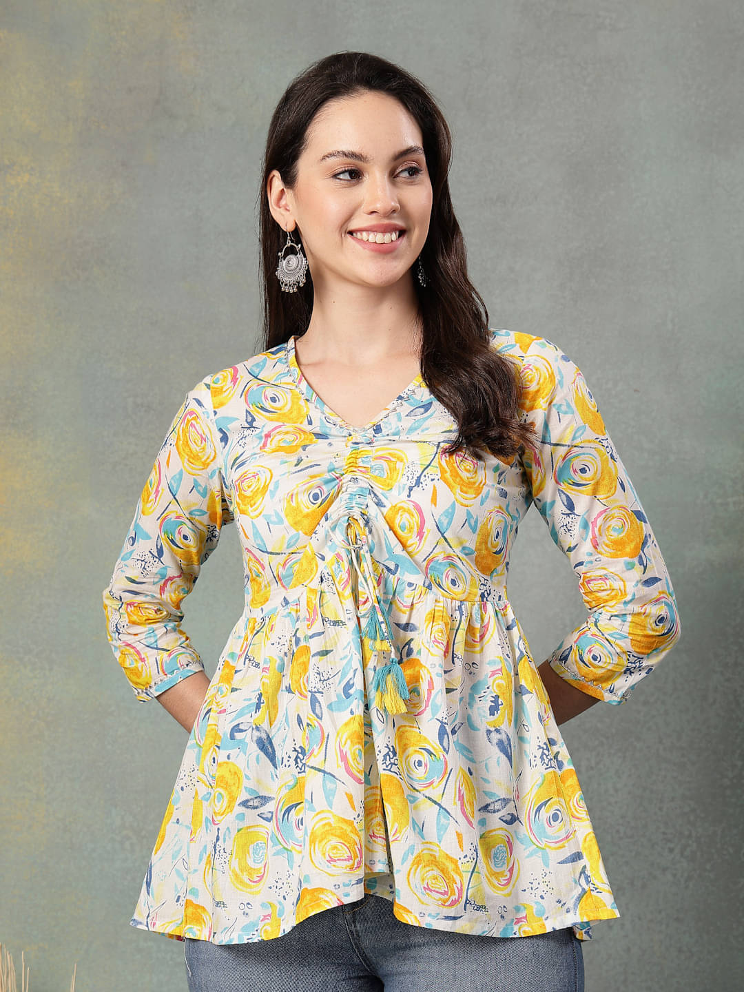     			SEVEN FLOWER Women's Cotton Peplum Top ( Yellow )