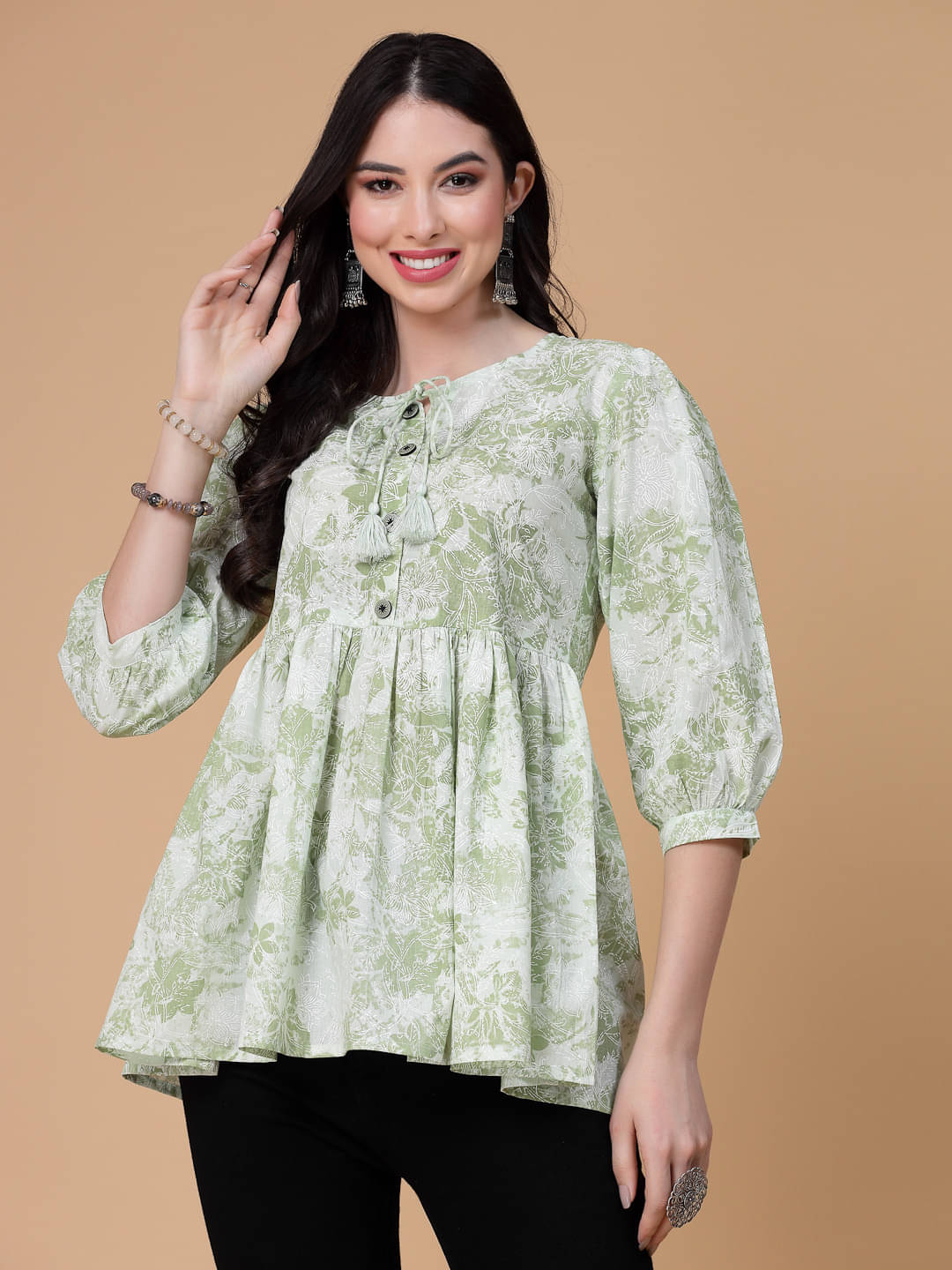     			SEVEN FLOWER Women's Cotton Peplum Top ( Green )