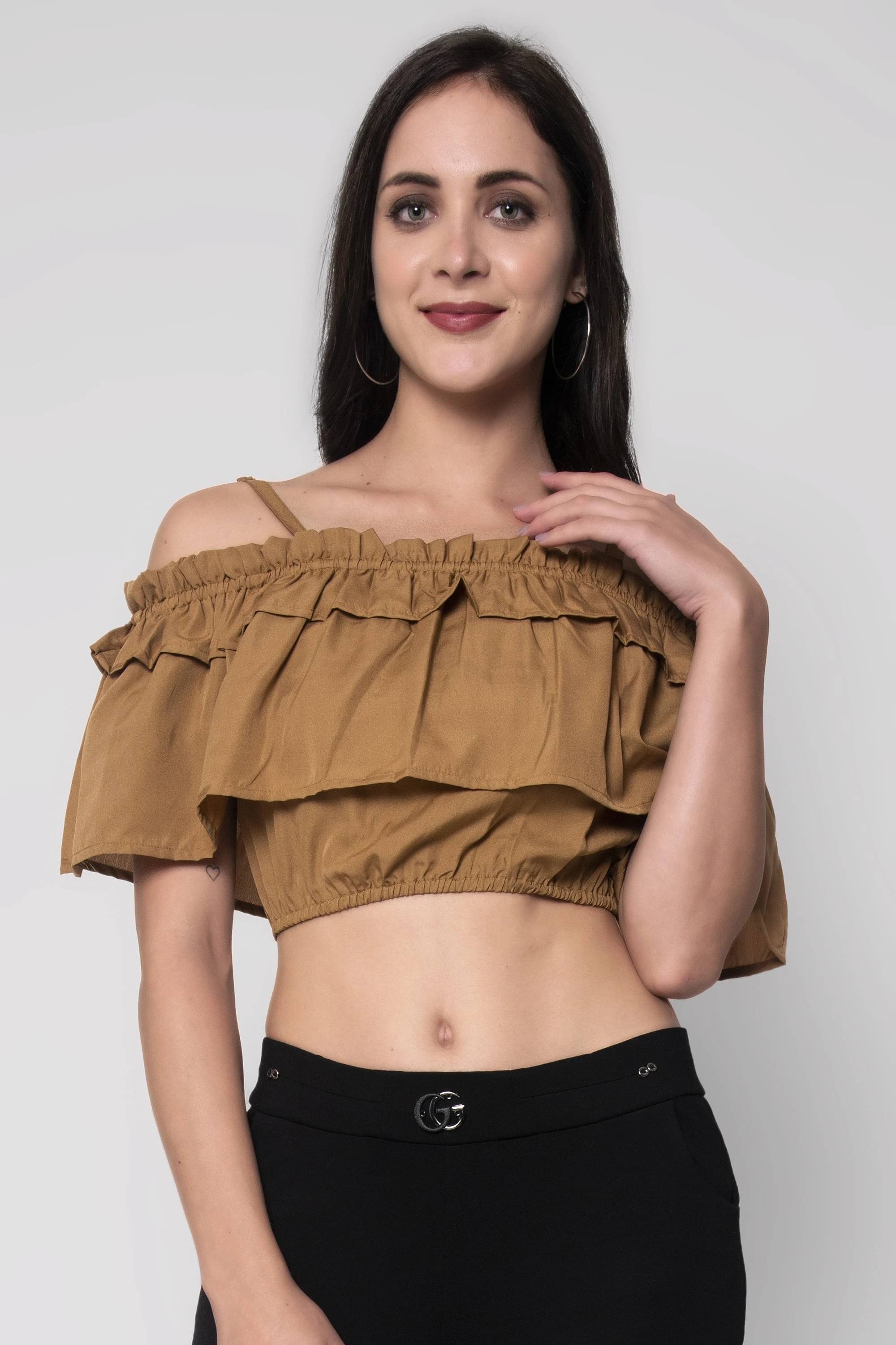     			SEVEN FLOWER Women's Crepe Crop Top ( Beige )