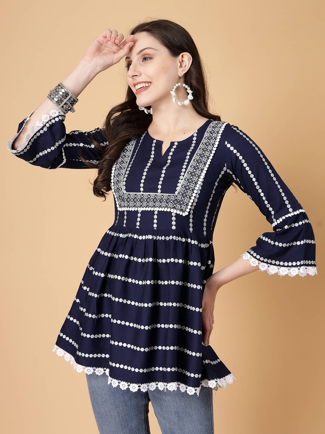     			SEVEN FLOWER Women's Rayon Peplum Top ( Blue )