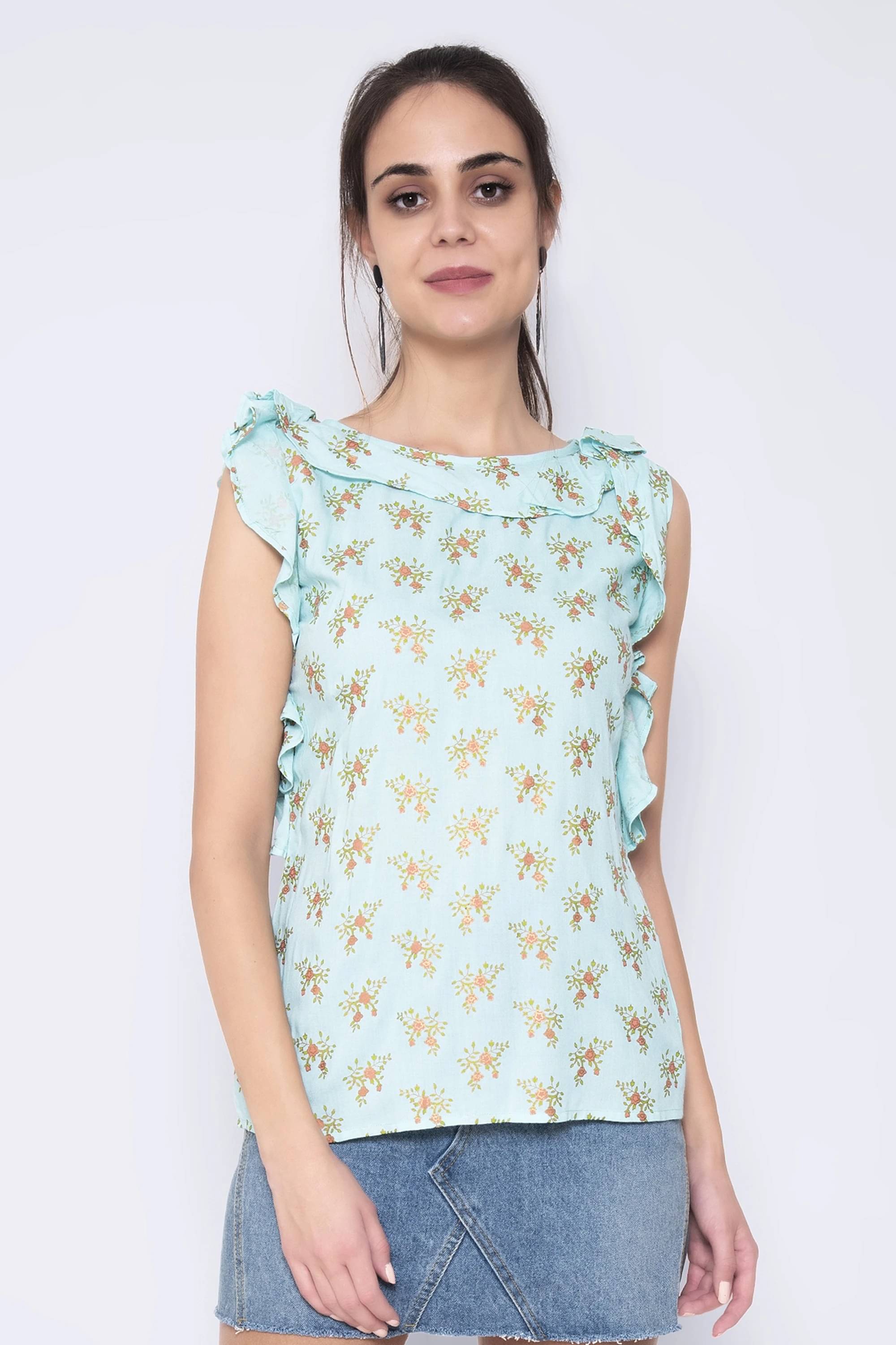 SEVEN FLOWER Women's Viscose Rayon Regular Top ( Blue ) SEVEN FLOWER Women's Viscose Rayon Regular Top ( Blue )