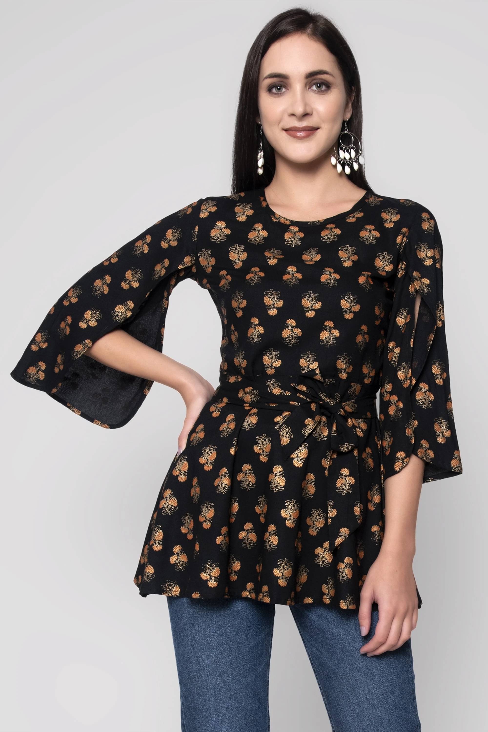 SEVEN FLOWER Women's Viscose Rayon Regular Top ( Black ) SEVEN FLOWER Women's Viscose Rayon Regular Top ( Black )
