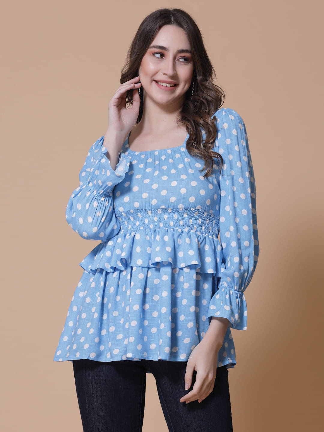 SEVEN FLOWER Women's Viscose Rayon Peplum Top ( Light Blue ) SEVEN FLOWER Women's Viscose Rayon Peplum Top ( Light Blue )