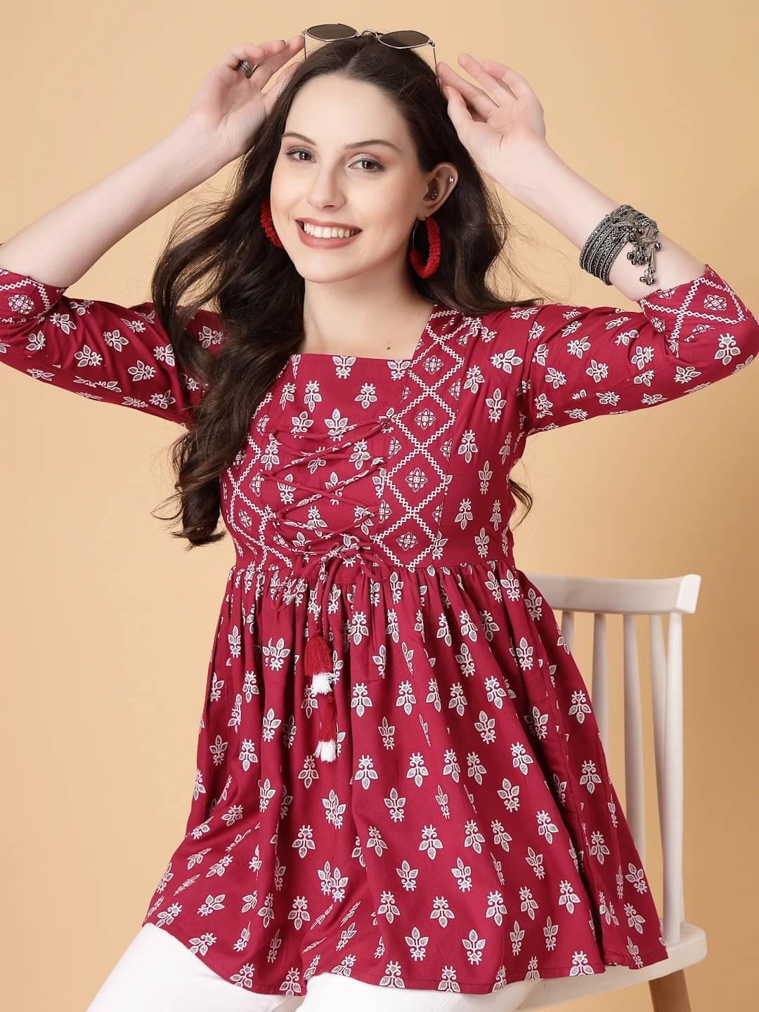 SEVEN FLOWER Women's Viscose Rayon Peplum Top ( Red )     			SEVEN FLOWER Women's Viscose Rayon Peplum Top ( Red )