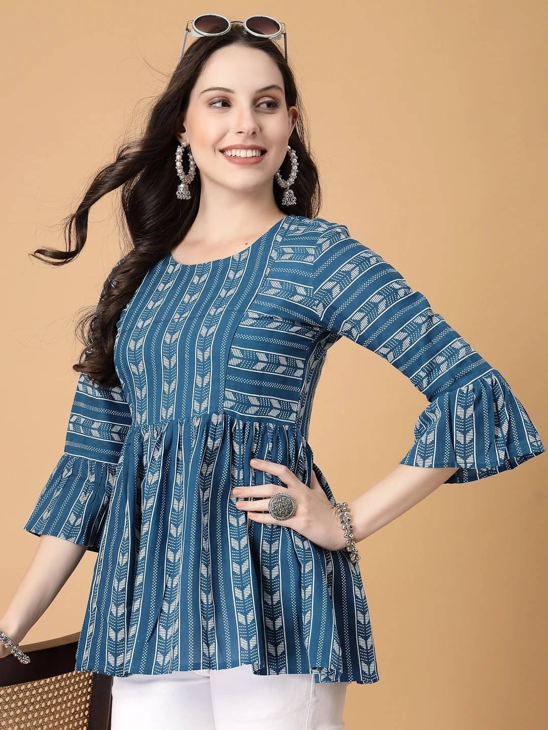     			SEVEN FLOWER Women's Viscose Rayon Peplum Top ( Blue )