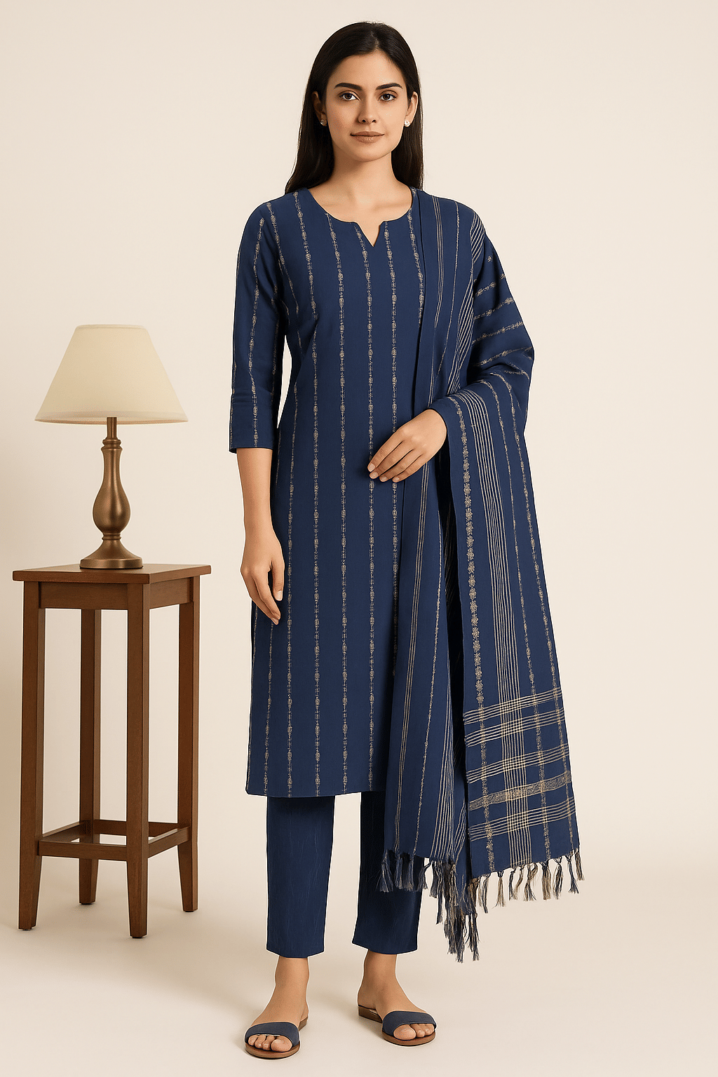     			SILK SUTRA Women Cotton Striped Straight Kurti With Salwar ( Blue )