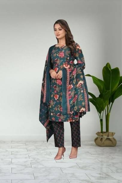     			TRIONZA Women Cotton Printed A-line Kurti With Pants ( Green )