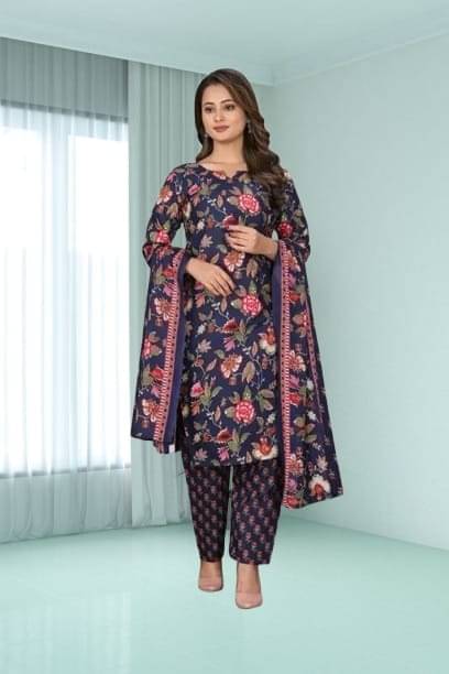 TRIONZA Women Cotton Printed A-line Kurti With Pants ( Blue ) TRIONZA Women Cotton Printed A-line Kurti With Pants ( Blue )