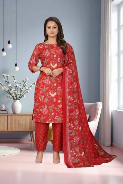TRIONZA Women Cotton Printed A-line Kurti With Pants ( Red ) TRIONZA Women Cotton Printed A-line Kurti With Pants ( Red )